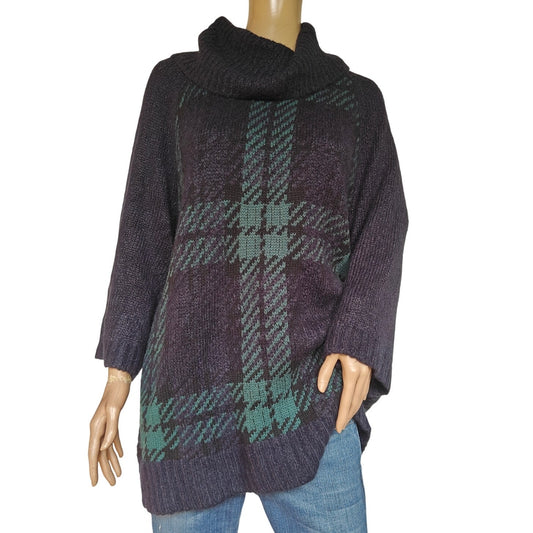 Navy & Green Plaid Cowl-Neck Poncho Sweater
