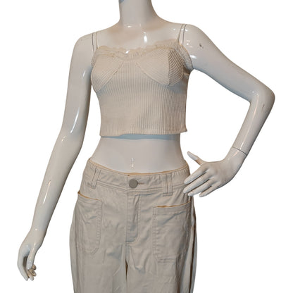 Cream Ribbed Knit Crop Top With Sweetheart Neck