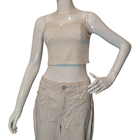 Cream Ribbed Knit Crop Top With Sweetheart Neck