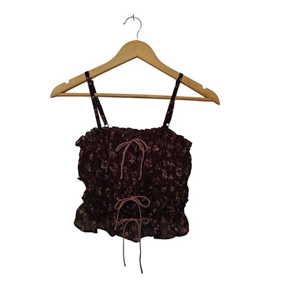 Brown Floral Sheer Ruched Tie Front Cami