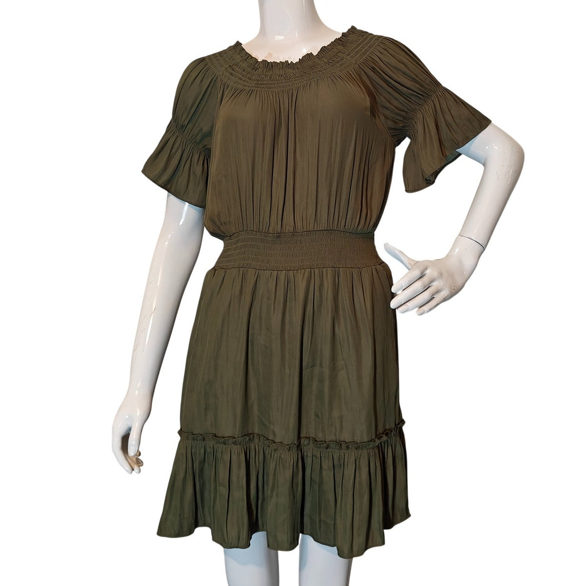 Olive Green Smocked Flutter Sleeve Mini Dress