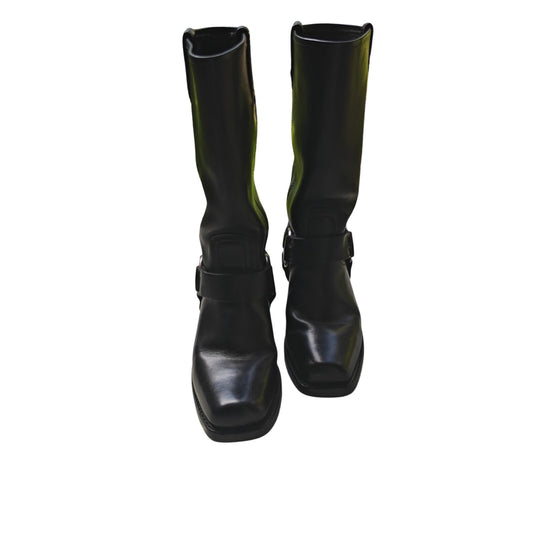 Harness 12R Black Leather Pull-On Mid-Calf Biker Boots