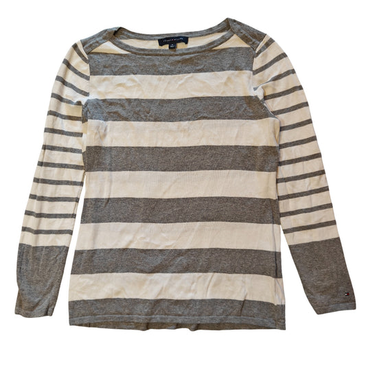 Gray and Cream Stripe Long Sleeve Knit Top