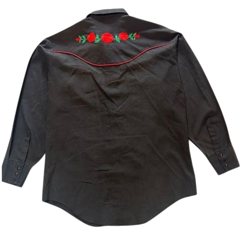 Black Western Shirt with Red Rose Embroidery