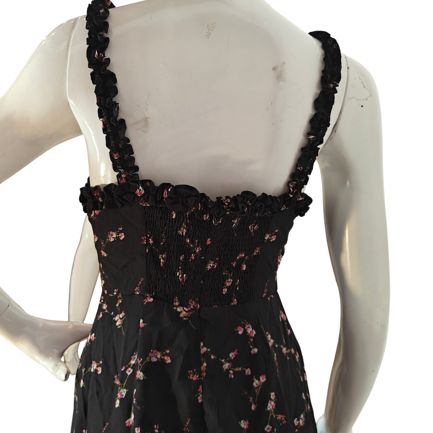 Lulus Black Floral Mini Dress Ruffle Trim Strappy Fit Flare XS