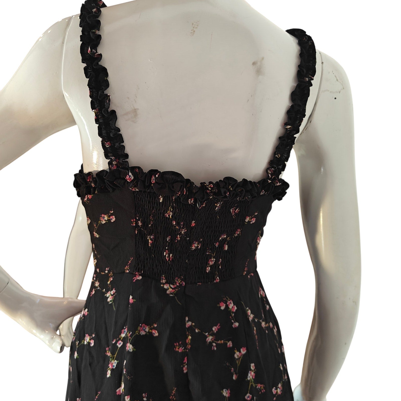 Lulus Black Floral Mini Dress Ruffle Trim Strappy Fit Flare XS