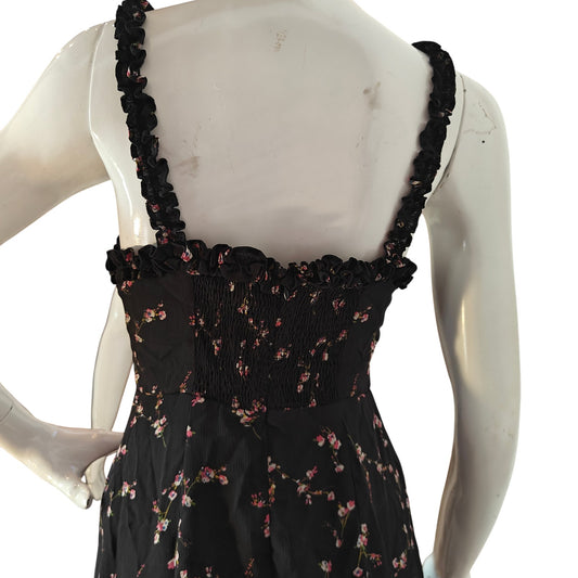 Lulus Black Floral Mini Dress Ruffle Trim Strappy Fit Flare XS