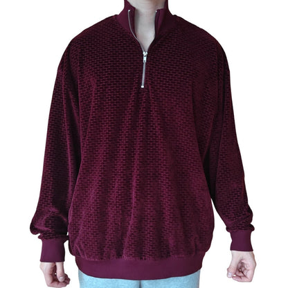 Burgundy Velour Half Zip Pullover Sweatshirt