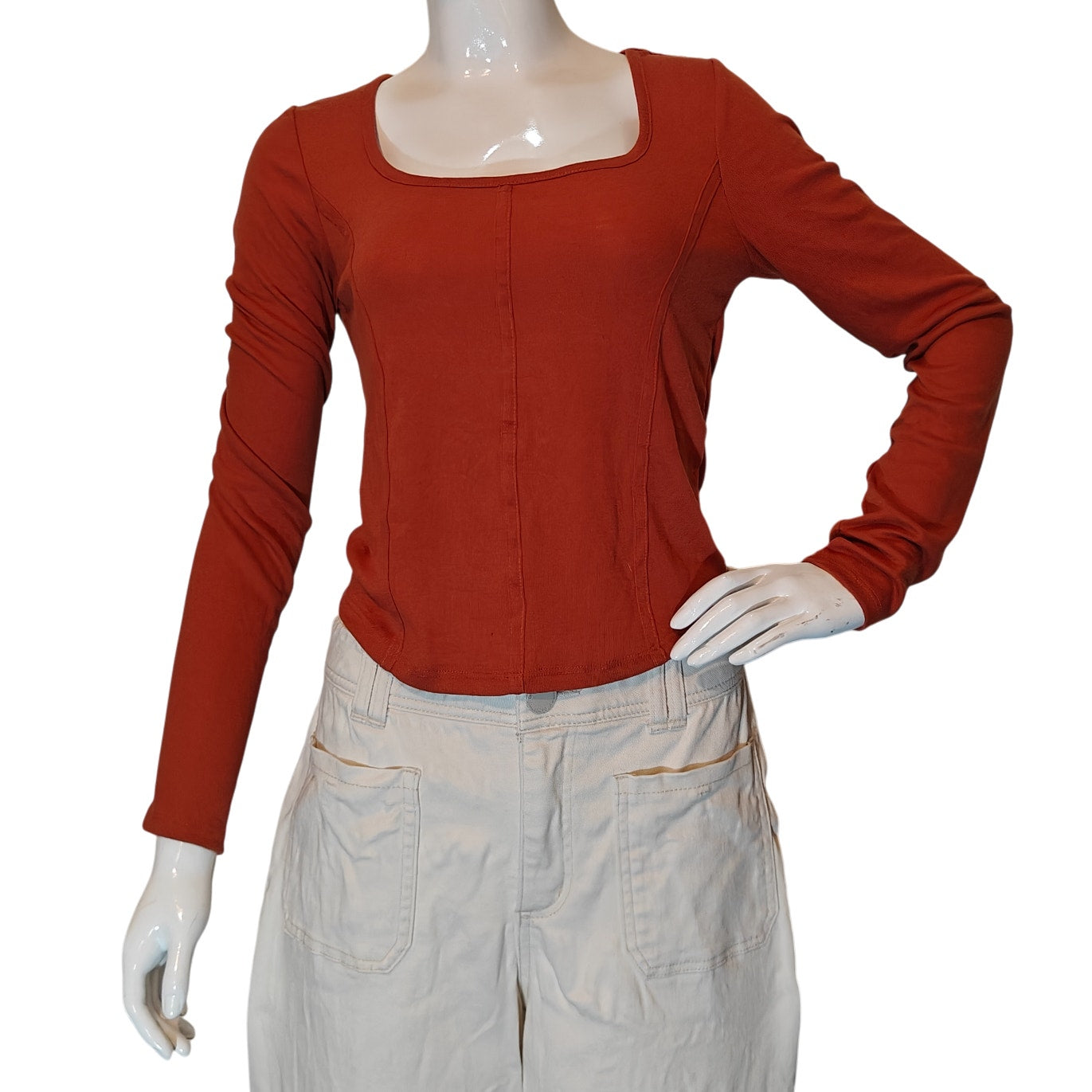 Orange Square Neck Long Sleeve Top