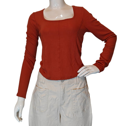 Orange Square Neck Long Sleeve Top