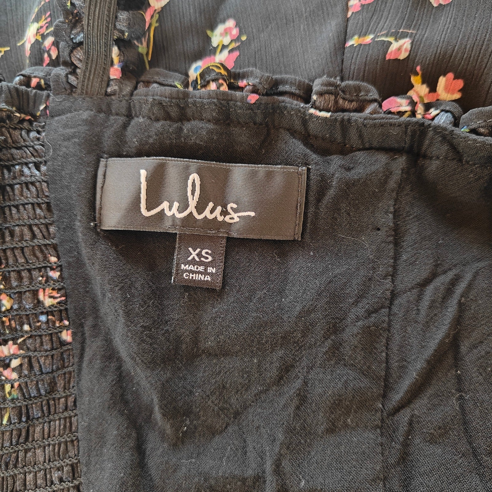 Lulus Black Floral Mini Dress Ruffle Trim Strappy Fit Flare XS