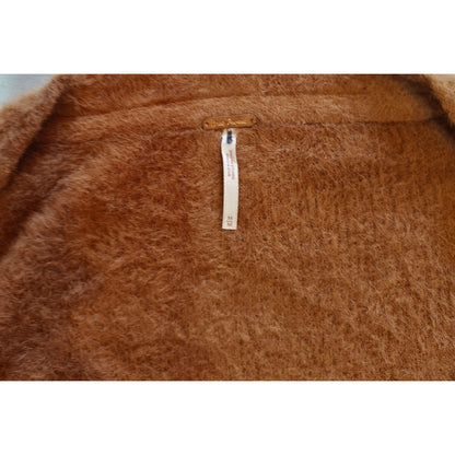 Camel Fuzzy Knit Puff Sleeve Square Neck Sweater