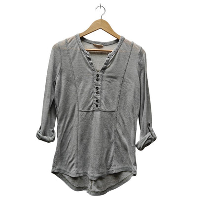 Gray Henley Top With Roll-Tab Sleeves