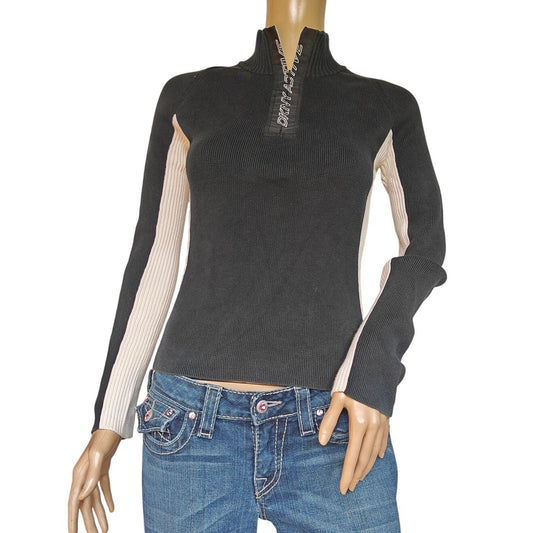 Black Colorblock Ribbed Half-Zip Sweater