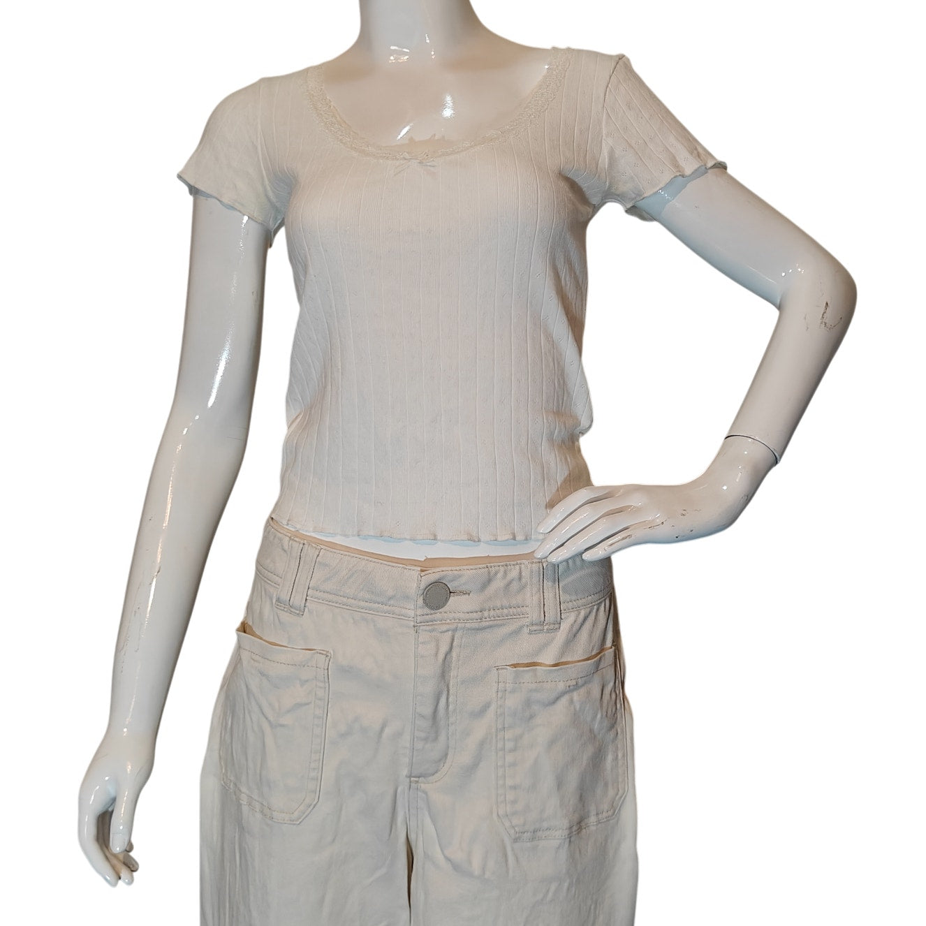 White Ribbed Lace Trim Baby Tee