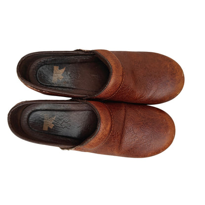 Brown Tooled Leather Clogs With Floral Detail