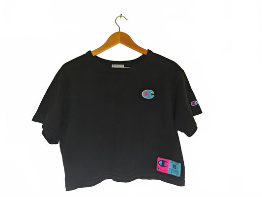 Black Crop Tee With Pink/Blue Patch