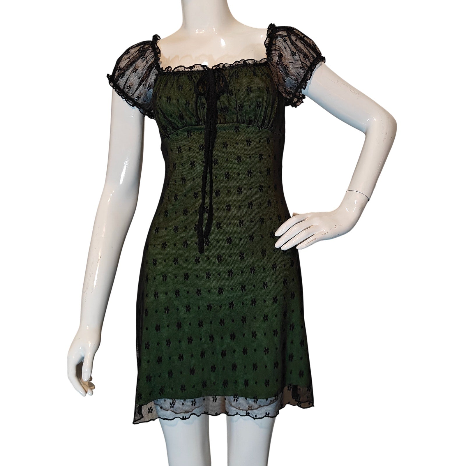 Green Mesh Mini Dress with Black Lace Overlay