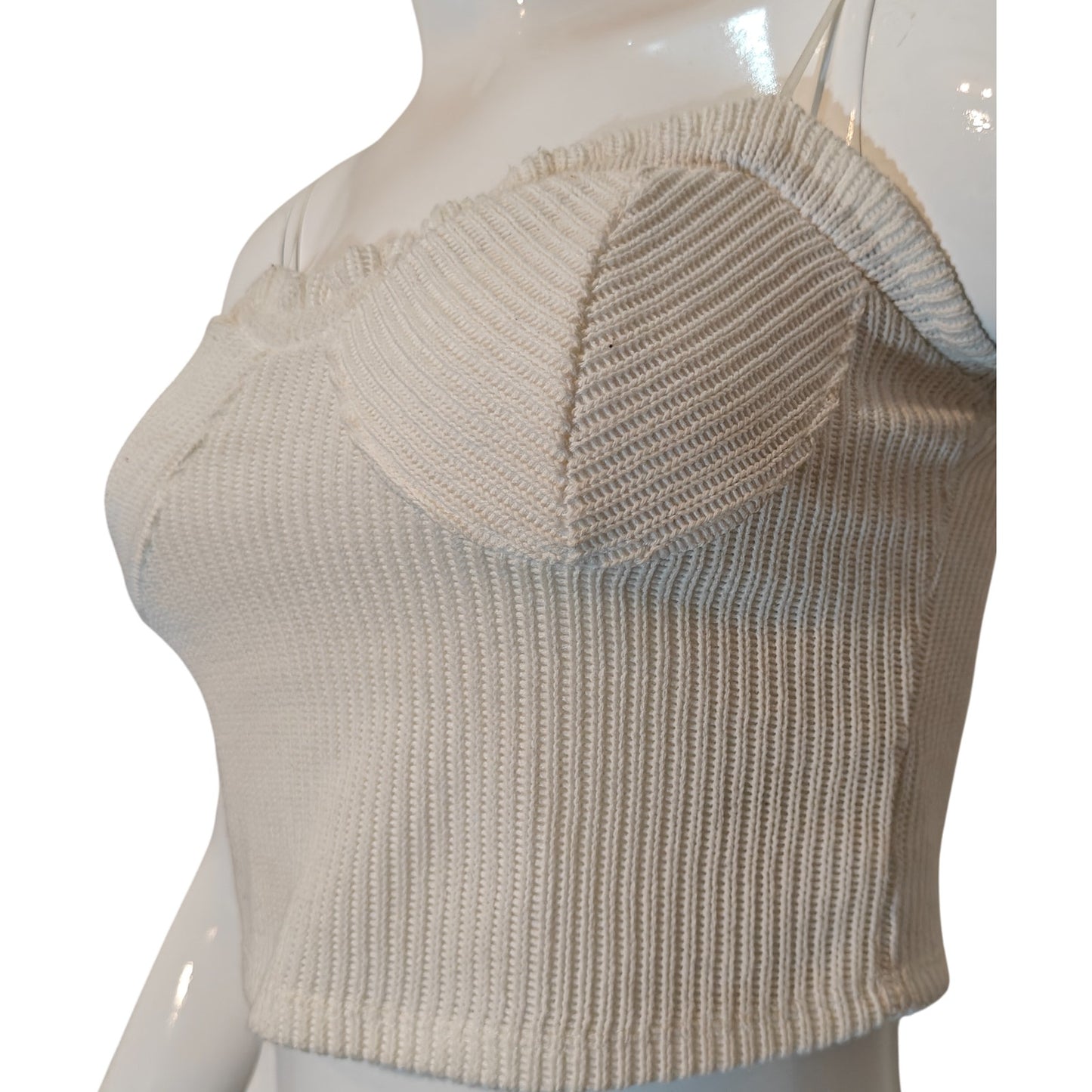Cream Ribbed Knit Crop Top With Sweetheart Neck