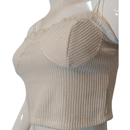 Cream Ribbed Knit Crop Top With Sweetheart Neck