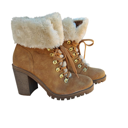 Tan Faux Fur Lace Up Ankle Boots