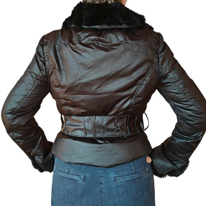 Black Belted Puffer Jacket with Rabbit Fur Collar