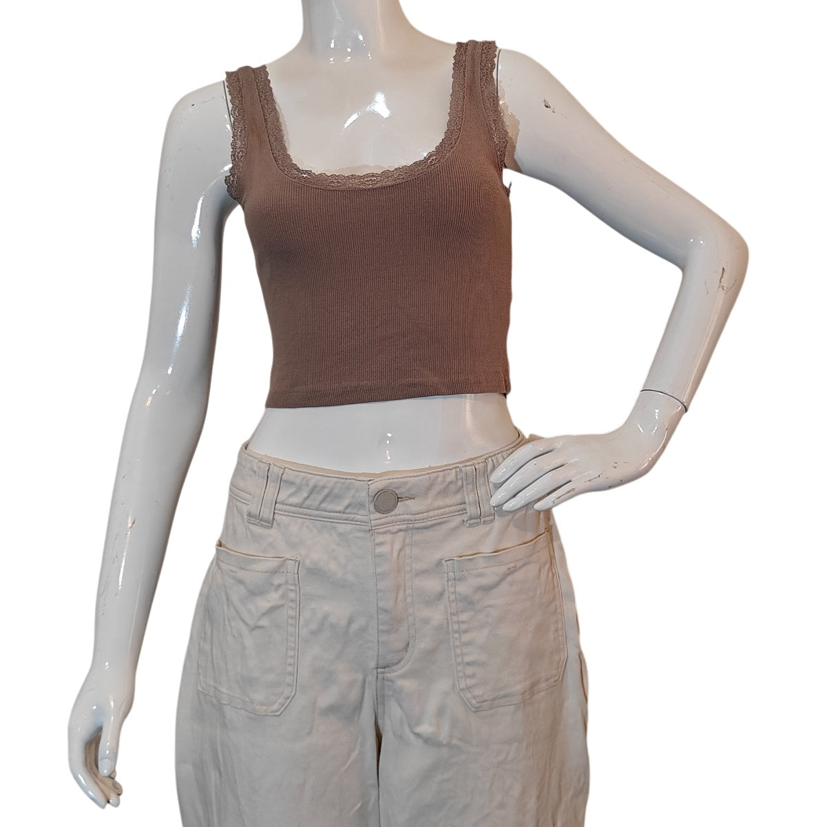 Ribbed Lace Trim Crop Tank Top