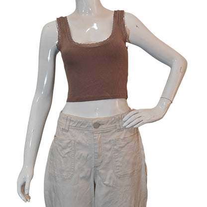 Ribbed Lace Trim Crop Tank Top