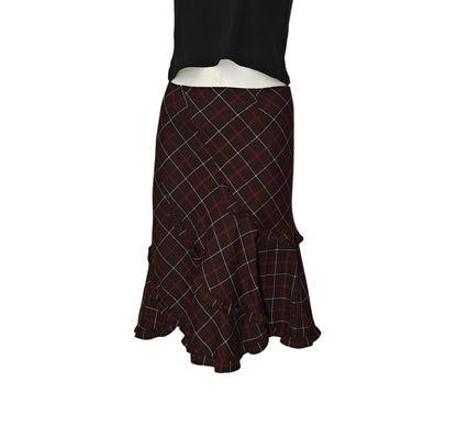 Elbonny Plaid Ruffle Midi Skirt Brown Red Windowpane Flounce Hem Size 64 Japan