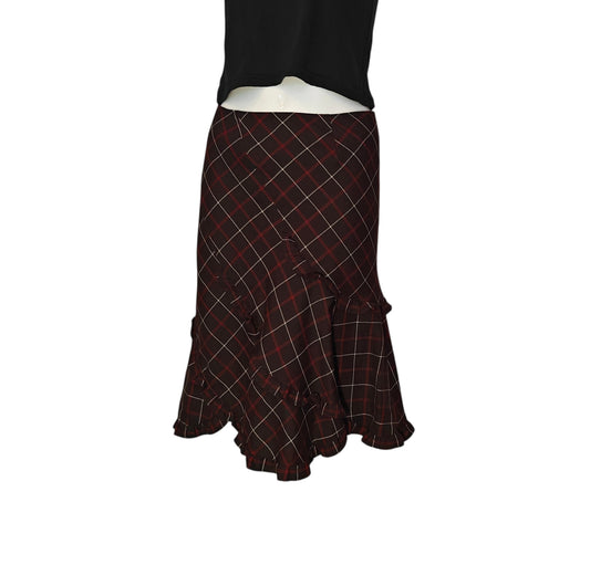 Elbonny Plaid Ruffle Midi Skirt Brown Red Windowpane Flounce Hem Size 64 Japan