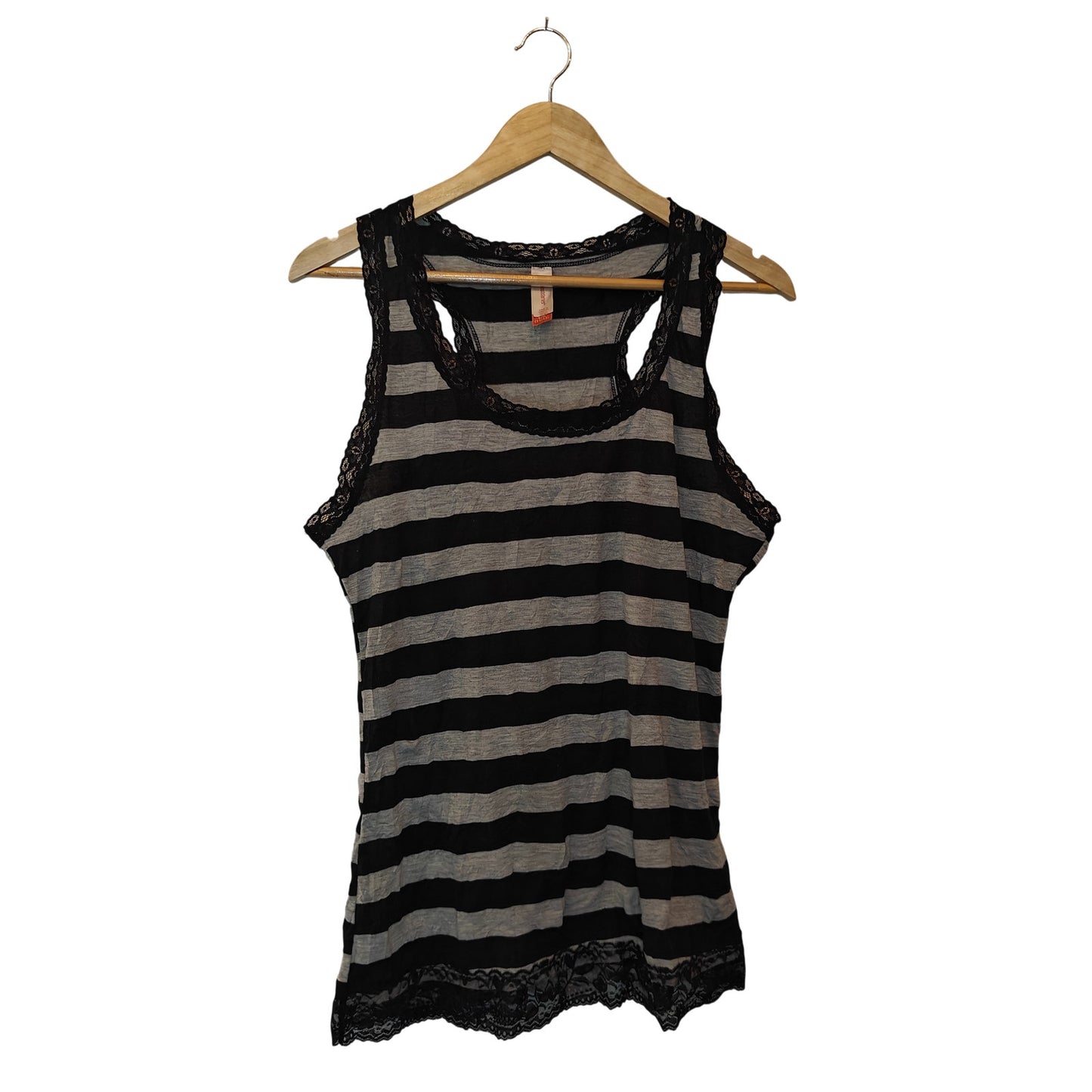 Lace Trim Black & Gray Striped Tank Top