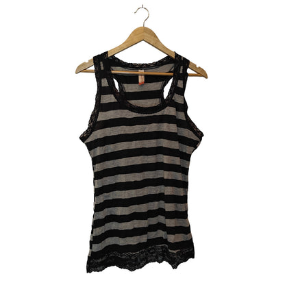 Lace Trim Black & Gray Striped Tank Top