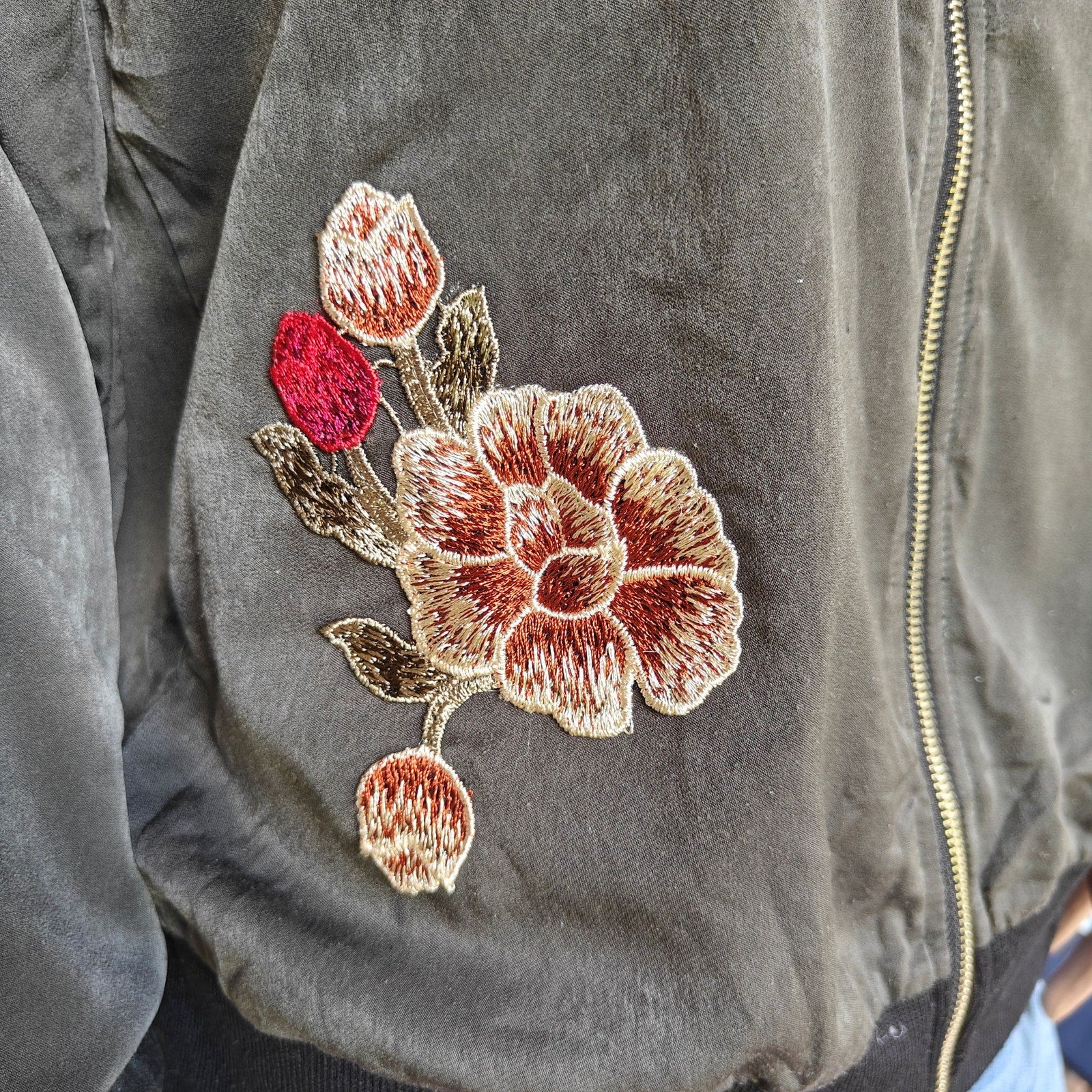 Army Green Floral Embroidered Lightweight Bomber Jacket