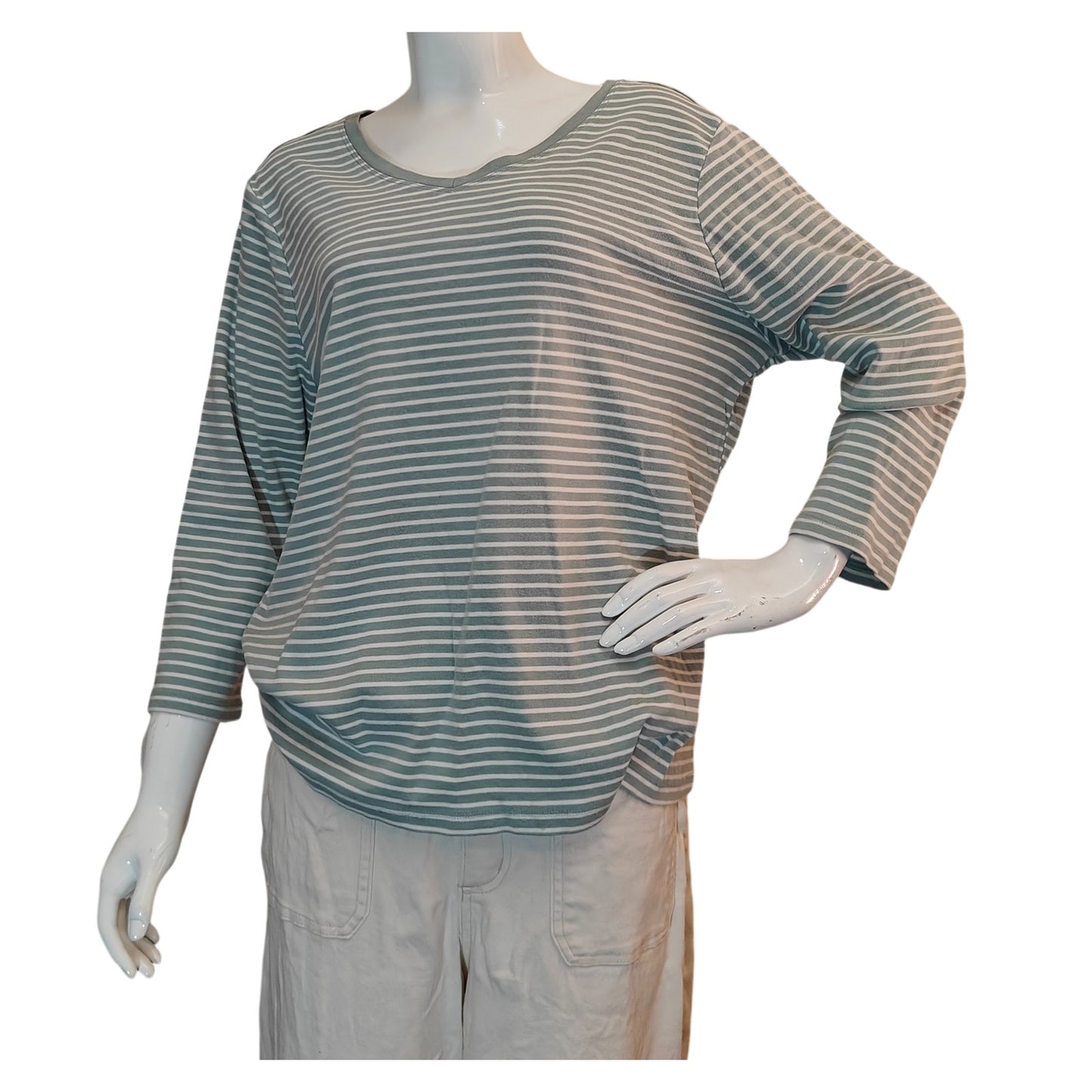 Green and White Striped V-Neck Long-Sleeve Top