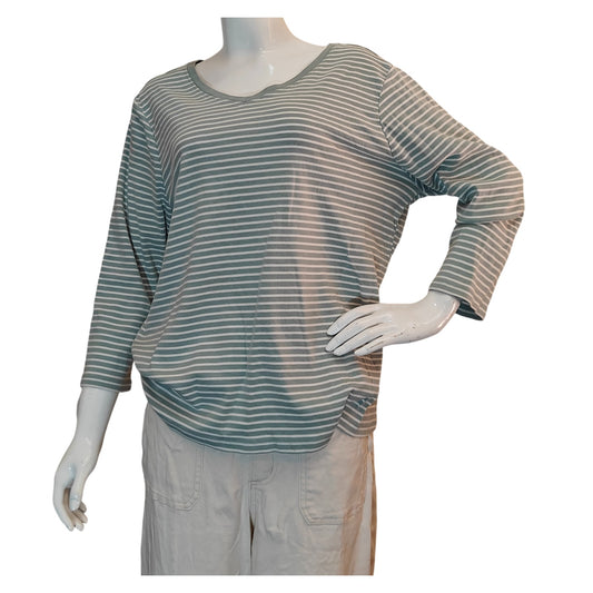 Green and White Striped V-Neck Long-Sleeve Top
