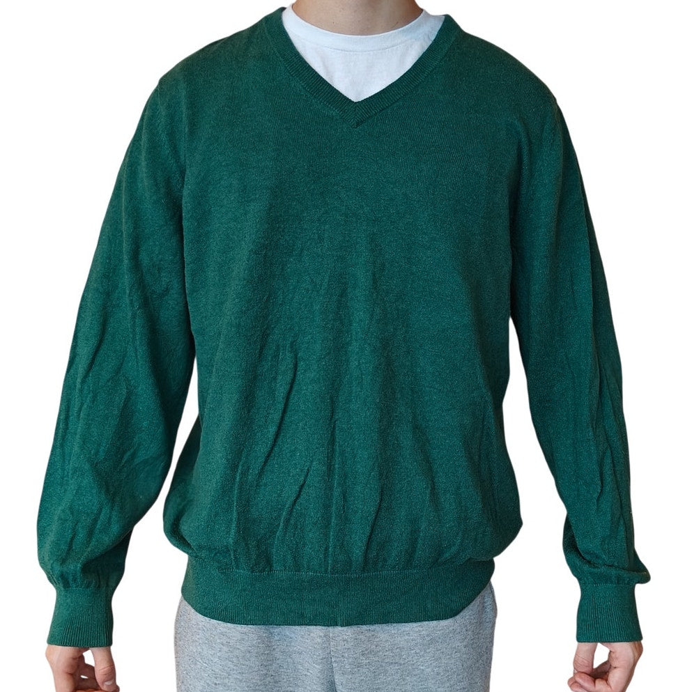 Green Cotton Cashmere V-Neck Sweater