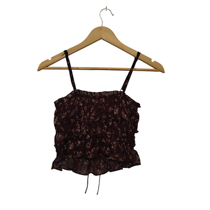 Brown Floral Sheer Ruched Tie Front Cami