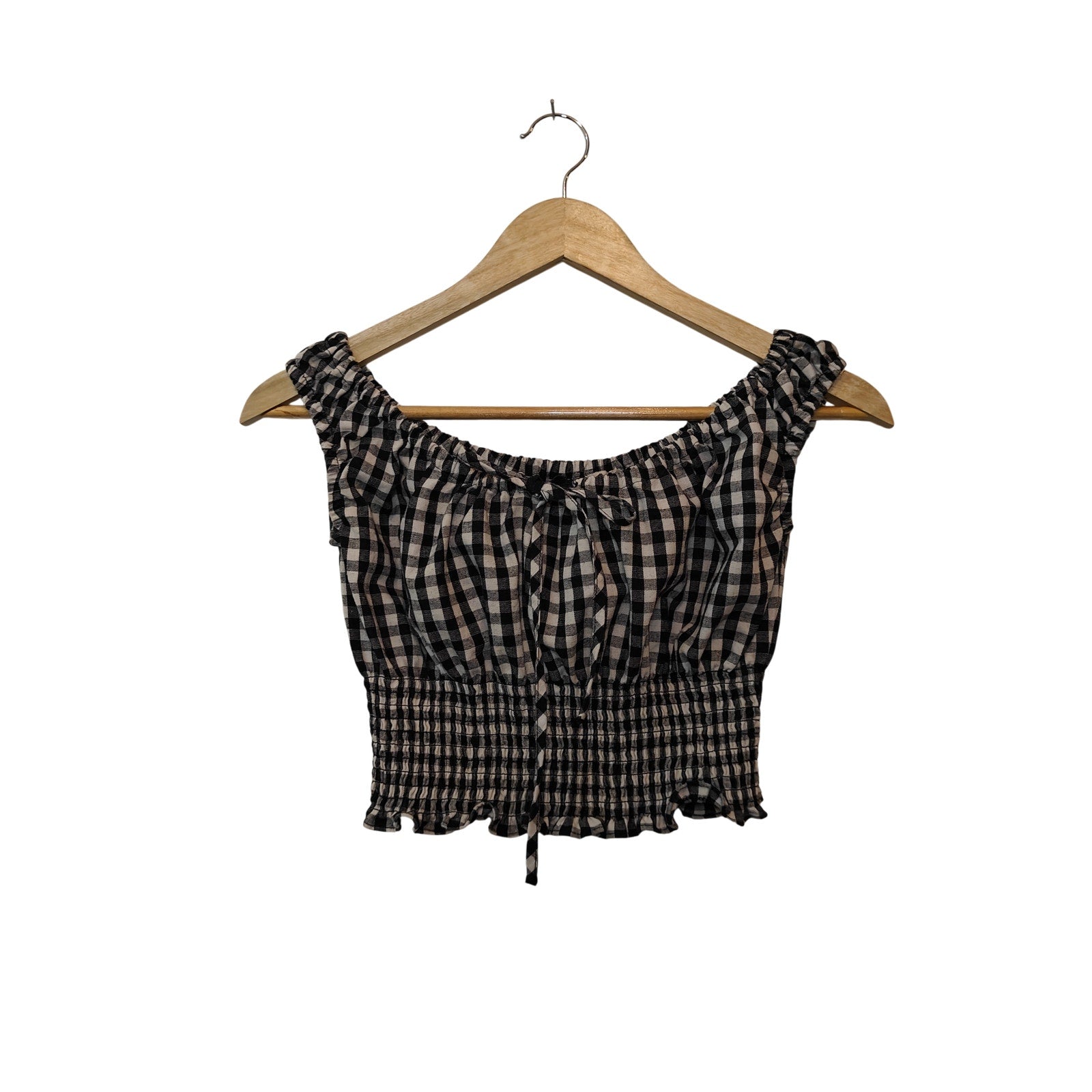 Black & White Gingham Off The Shoulder Smocked Crop Top