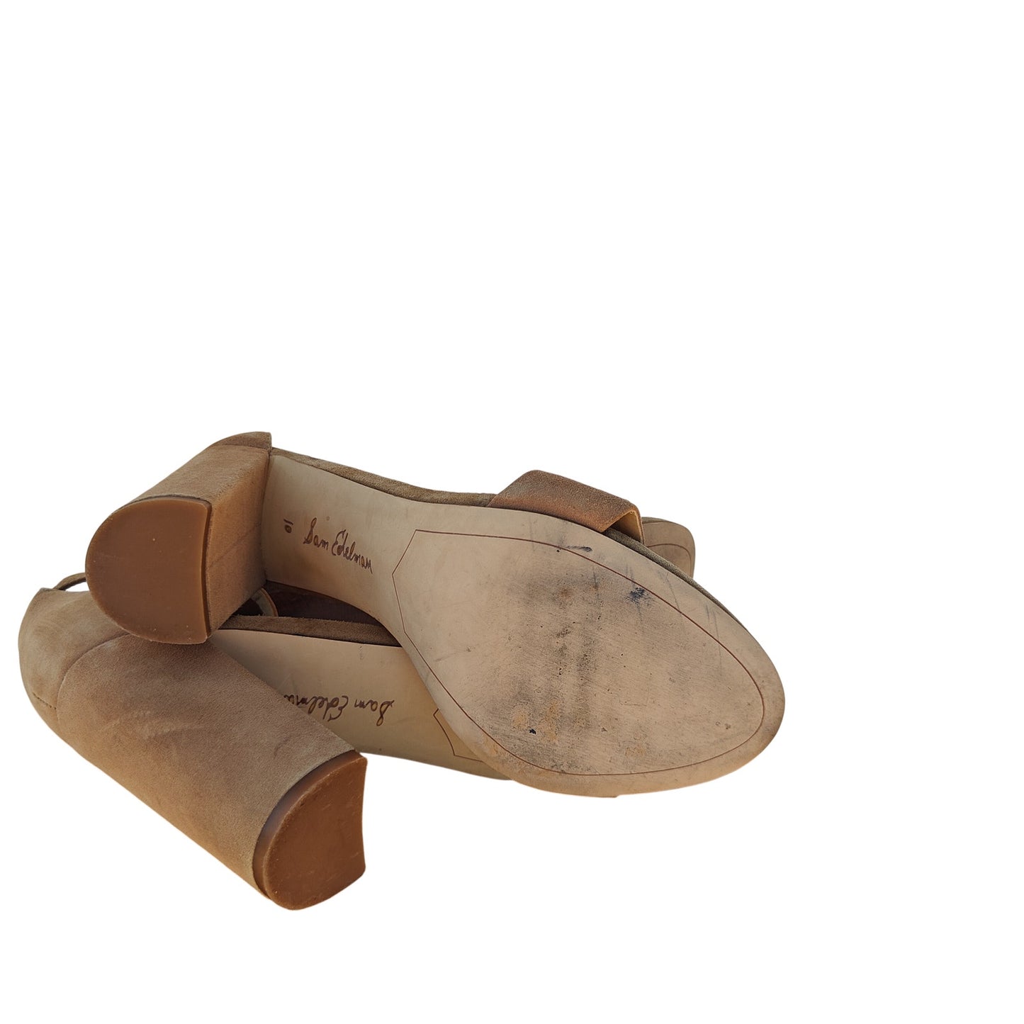 Tan Suede Ankle Strap Block Heel Sandals