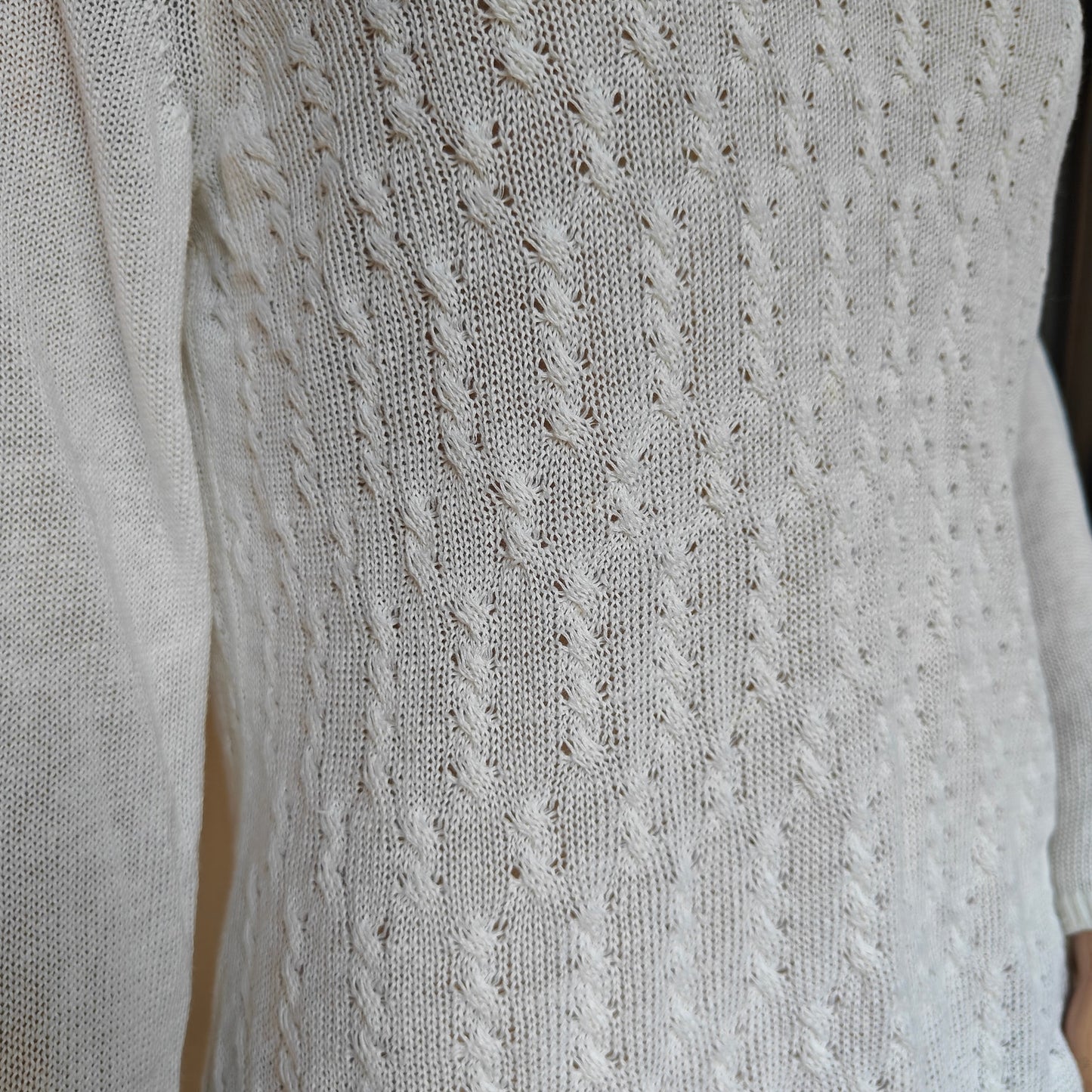 White Open-Knit V-Neck Sweater