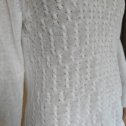 White Open-Knit V-Neck Sweater