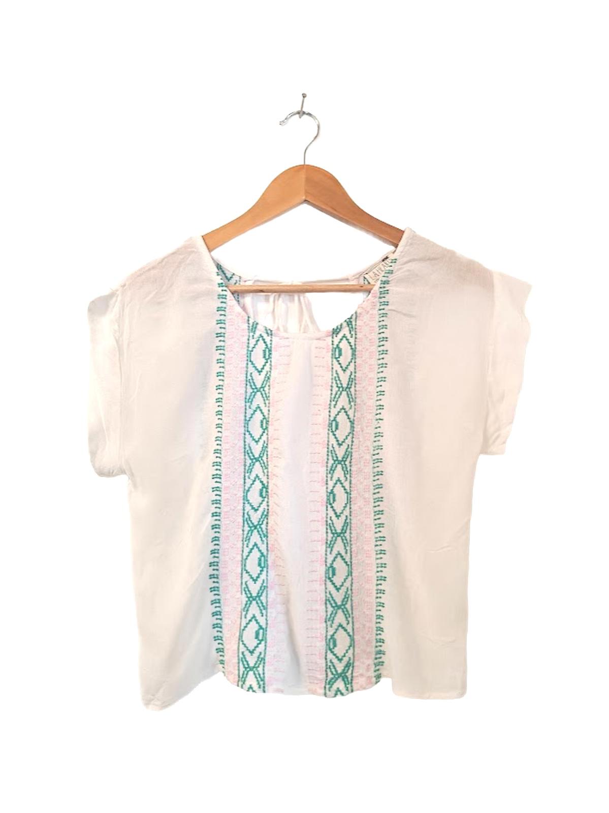 White Crop Tee with Blue and Pink Embroidery and Tie Back
