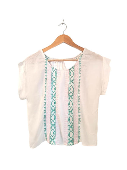 White Crop Tee with Blue and Pink Embroidery and Tie Back