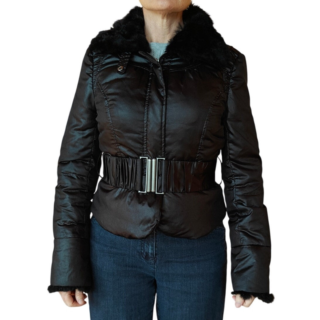 Black Belted Puffer Jacket with Rabbit Fur Collar
