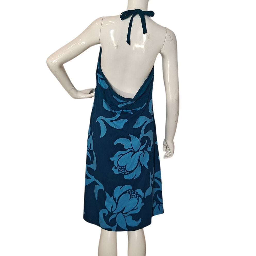 Blue Floral Halter Dress with Open Back