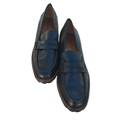 Black Leather Lug Sole Penny Loafers