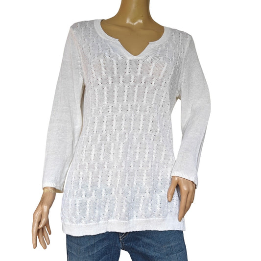White Open-Knit V-Neck Sweater