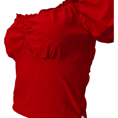 Red Off Shoulder Ruched Puff Sleeve Crop Top