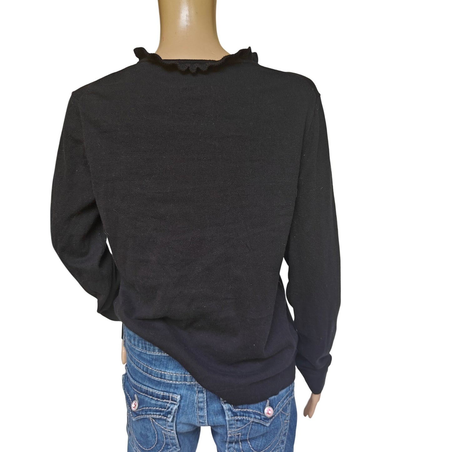 Black Ruffle Mock Neck Button-Shoulder Sweater
