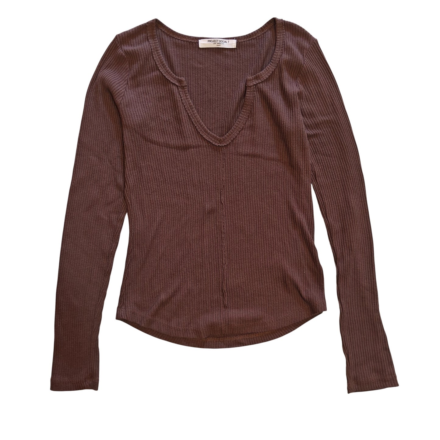 Brown Ribbed Long Sleeve V-Neck Top
